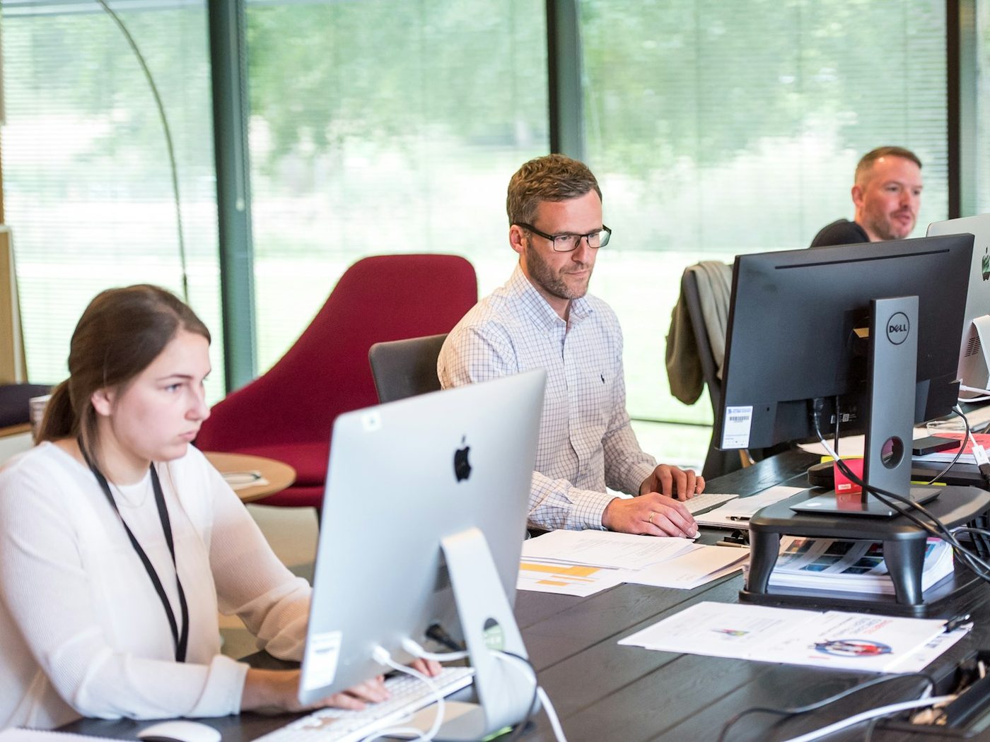Service and accounting staff at their desks in a bright office